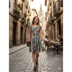 Peruvian Connection Floral Print Viscose Dress Short Sleeve Pockets Teal Pink M